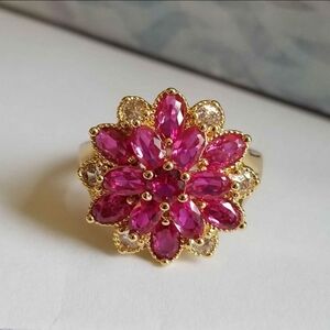 New 18K Gold Plated Ruby Diamond Flower Ring for Women